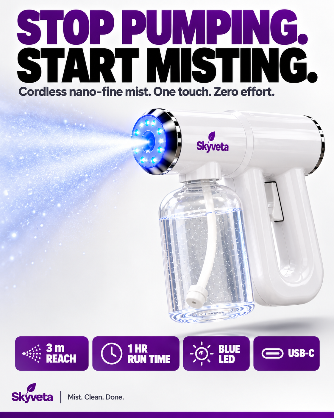 Skyveta Nano Mist Sprayer | Cordless Rechargeable Blue Light Mist Gun